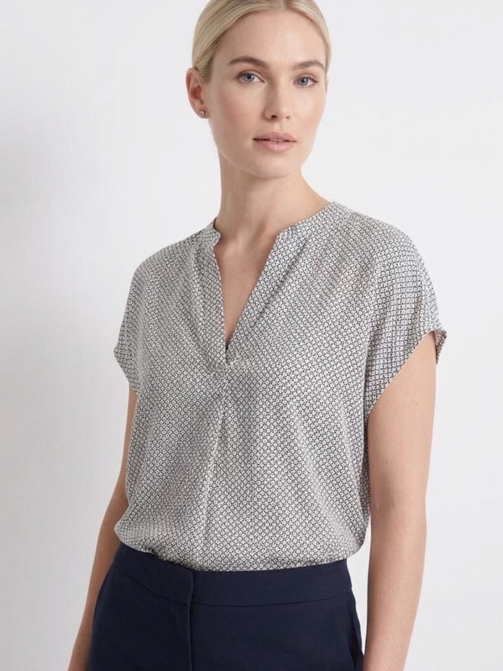 Vince Cream and Black Micro-Print Cap Sleeve Blouse